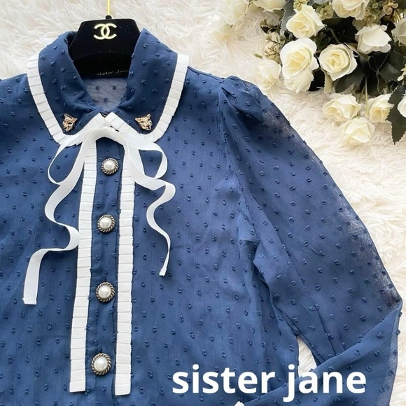 Sister Jane Tops - NEW Sister Jane Blue Swiss Polka Dot Bow Button Collared Blouse Shirt Medium